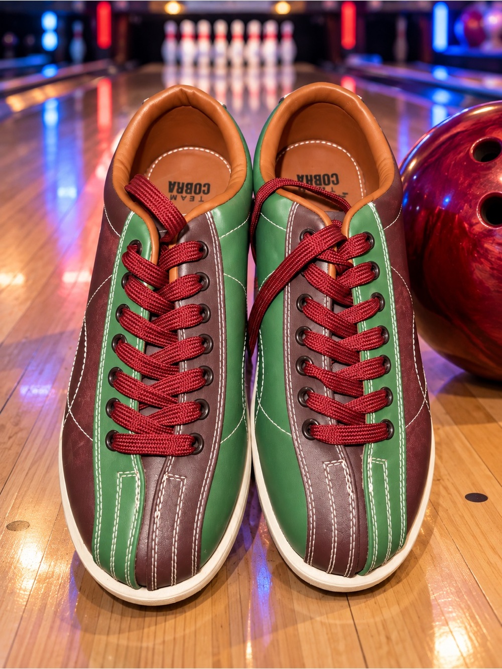 Team Cobra Men's Green & Brown Athletic Bowling Shoes with Red Laces